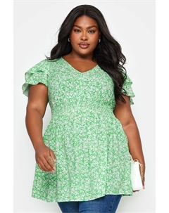 Топ с баской и развевающимися рукавами с принтом Ditsy, зеленый Yours