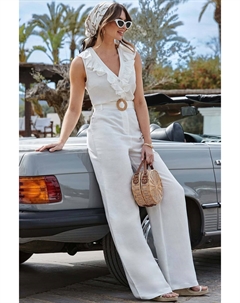 Комбинезон из смесового льна с оборками и поясом, бежевый Sosandar