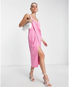 Розовое атласное платье миди с драпировкой и ремешками на спине DESIGN Asos