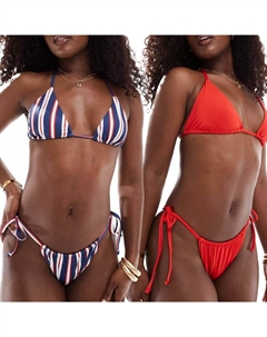 Комплект плавок-бикини Lori Drawstrings On The Sides, 2 штуки, красный/синий Asos design