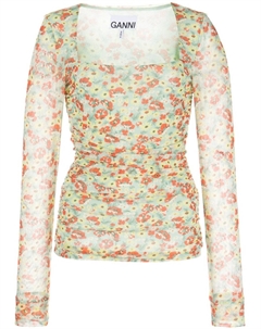 Сетчатый топ с длинными рукавами и принтом, синий Ganni