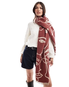 Жаккардовый шарф с абстрактным рисунком лица в бордовом и пастельно-розовом цветах Asos design