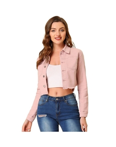 Женская укороченная джинсовая куртка с длинными рукавами и пуговицами с потертым краем, розовый Allegra k
