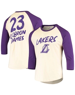 Мужская футболка кремового/фиолетового цвета с логотипом LeBron James Los Angeles Lakers реглан с рукавами 3/4 Fanatics