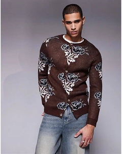 Вязаный кардиган с круглым вырезом и цветочным узором коричневого цвета Asos design