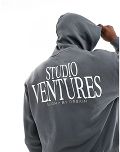 Толстовка свободного кроя с капюшоном большого размера с принтом на спине серого цвета Asos design