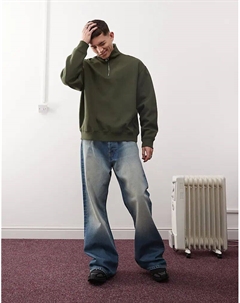 Толстовка oversize из плотного трикотажа с застежкой-молнией на половину длины цвета хаки Weekday