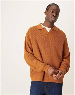 Свободный вязаный джемпер в стиле рыбацкой вязки с вырезом на горловине в коричневом цвете Asos design