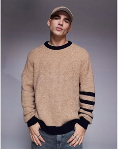 Свободный свитер из текстурированной вязки бежевого цвета с полосками на рукавах и круглым вырезом Asos design