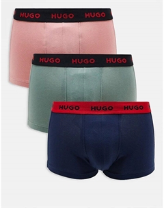 HUGO Bodywear, комплект из 3 трусов-боксеров розового, синего и зеленого цветов с контрастными поясами Hugo red
