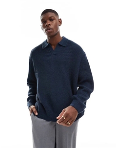 Свободный вязаный джемпер в стиле рыбацкой резинки с вырезом горловины темно-синего цвета Asos design