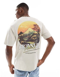 Футболка оверсайз с принтом Хонсю на спине в серо-коричневом цвете Only & sons