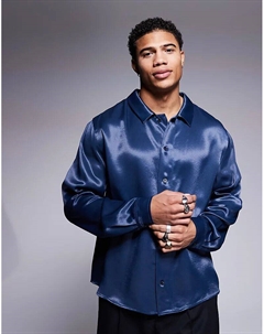 Свободная рубашка свободного кроя из темно-синего атласа Asos design