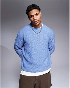 Свободный джемпер с круглым вырезом и косичной вязкой синего цвета Asos design