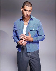 Свободная рубашка в полоску свободного кроя с вышивкой на груди синего цвета Asos design