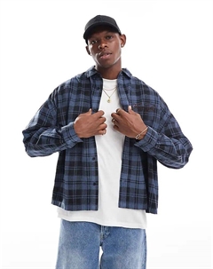 Свободная объемная рубашка в клетку вельвет с вышивкой на груди в темно-синем цвете Asos design