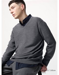 Джемпер с V-образным вырезом из 100% мериносовой шерсти, цвет 07 серый Uniqlo