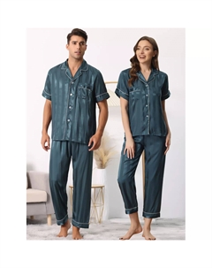 Мужской полосатый атласный пижамный комплект с короткими рукавами и длинными брюками на пуговицах Cheibear