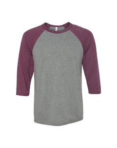 Бейсбольная футболка BELLA + CANVAS с рукавом три четверти, цвет Grey Maroon Bella+canvas