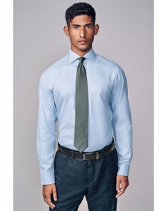 Рубашка из хлопка пима с фирменной текстурой, облегающего кроя, с одинарным манжетом и вырезным воротником, синий Next