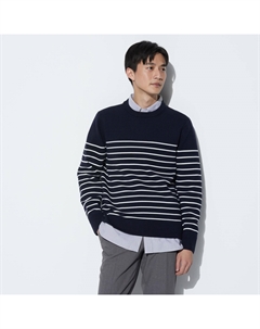 Джемпер мужской с круглым вырезом в полоску, темно-синий Uniqlo