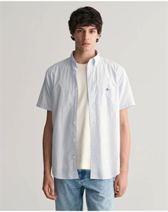 Рубашка с короткими рукавами "Regular Fit Gingham Poplin Shirt, износостойкая, простая в уходе в клетку", с небольшой вышивкой логотипа на нагрудном кармане, голубой Gant
