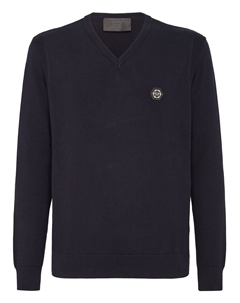 Хлопковый пуловер с V-образным вырезом LS, темно-синий Philipp plein