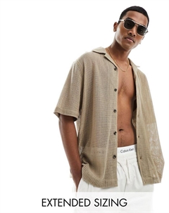 Бежевая хлопковая рубашка свободного кроя с короткими рукавами и глубоким воротником DESIGN Asos