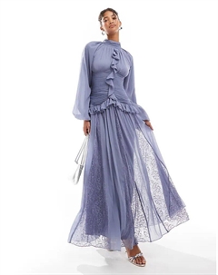 Платье макси с лифом-водопадом, оборками и кружевными годе в темно-синем цвете Asos design