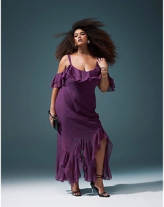 Платье макси с открытыми плечами и оборками, асимметричным кроем «годе» цвета баклажана Asos