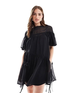 Платье-комбинезон мини-оверсайз с рюшами и отделкой в виде канавки черного цвета Asos design