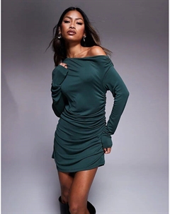 Мини-платье из модала со спущенными плечами и сборками в цвете лесной зелени Asos design