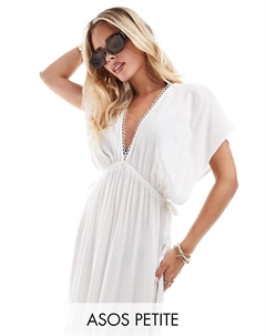 Пляжное платье макси Petite Faye с рукавами-крылышками и завязками на талии белого цвета Asos design