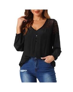 Женская блузка с кружевной вставкой и v-образным вырезом с длинными рукавами, черный Allegra k