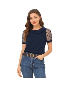 Женская винтажная блузка с сетчатыми рукавами в горошек и воротником Питера Пэна, короткий рукав, цвет Navy Blue Allegra k