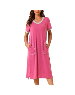 Женская ночная рубашка с V-образным вырезом, длинная базовая ночная рубашка с разрезом, ночная рубашка с короткими рукавами и карманами, цвет Rose Pink Cheibear