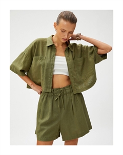 Укороченная рубашка оверсайз из смесового льна, хаки Koton