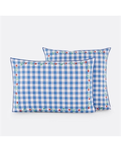 Наволочка в клетку виши с вышивкой Veldi синий Laredoute