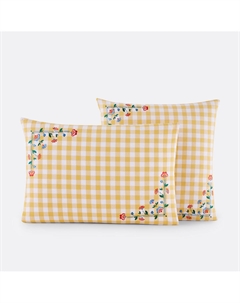 Наволочка из хлопка в клетку виши с вышивкой Veldi jaune желтый Laredoute