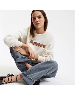 Свитшот с круглым вырезом и вышитой надписью широкий покрой бежевый La redoute collections