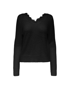 Пуловер из пышного трикотажа V-образный вырез с кружевом черный Only