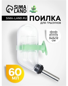 Поилка для грызунов с металлическим носиком 60 мл, 12×4 см, прозрачная с зеленым крепление Пижон