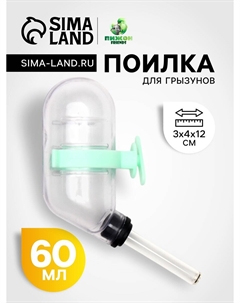 Поилка для грызунов с пластиковым носиком 60 мл, 12×4 см, прозрачная с зеленым креплением Пижон