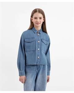 Блузка текстильная с длинным рукавом и карманами голубая из денима для девочки Gulliver