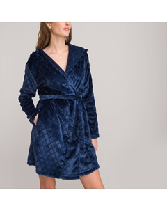 Халат с капюшоном из флисового трикотажа синий Laredoute