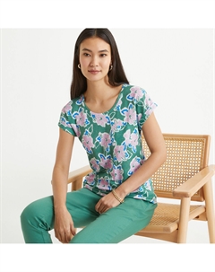 Футболка изо льна с принтом и круглым вырезом зеленый Laredoute