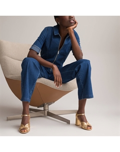 Комбинезон расклешенный джинсовый с застежкой-молнией синий Laredoute