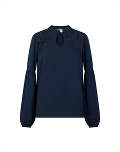 Футболка ажурная из двух материалов кружево на плечах синий Laredoute