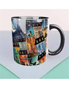 Кружка Городские зарисовки "Разноцветная ночь.Луна и коты и кошки" 330 мл, (черная) Sovasocks