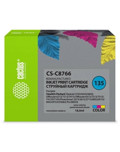 Картридж струйный Cactus CS-C8766 (135), цветной, совместимый, 800 страниц, для HP DJ 5940 / 460 / 5743 / 6543 / 6843 / 6943, OJ 4212 / 6213 / 6313 / 7213 / 7310 / 7410 / 100 / 150, PSC 2355 / 2353 / 